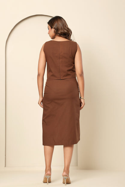 Mocha Mousse Linen Midi Skirt Set
