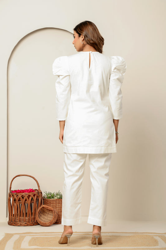 Beige Bishop Sleeve Co-Ord Set – Statement Style in Sustainable Linen