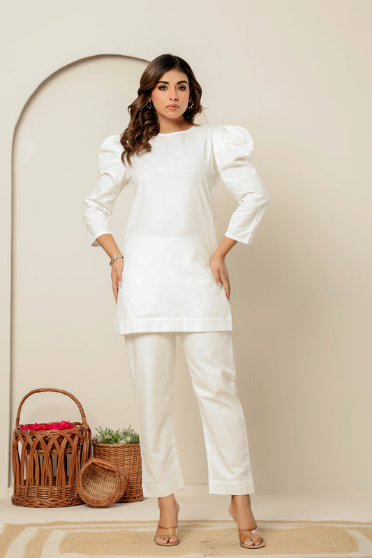 Beige Bishop Sleeve Co-Ord Set – Statement Style in Sustainable Linen