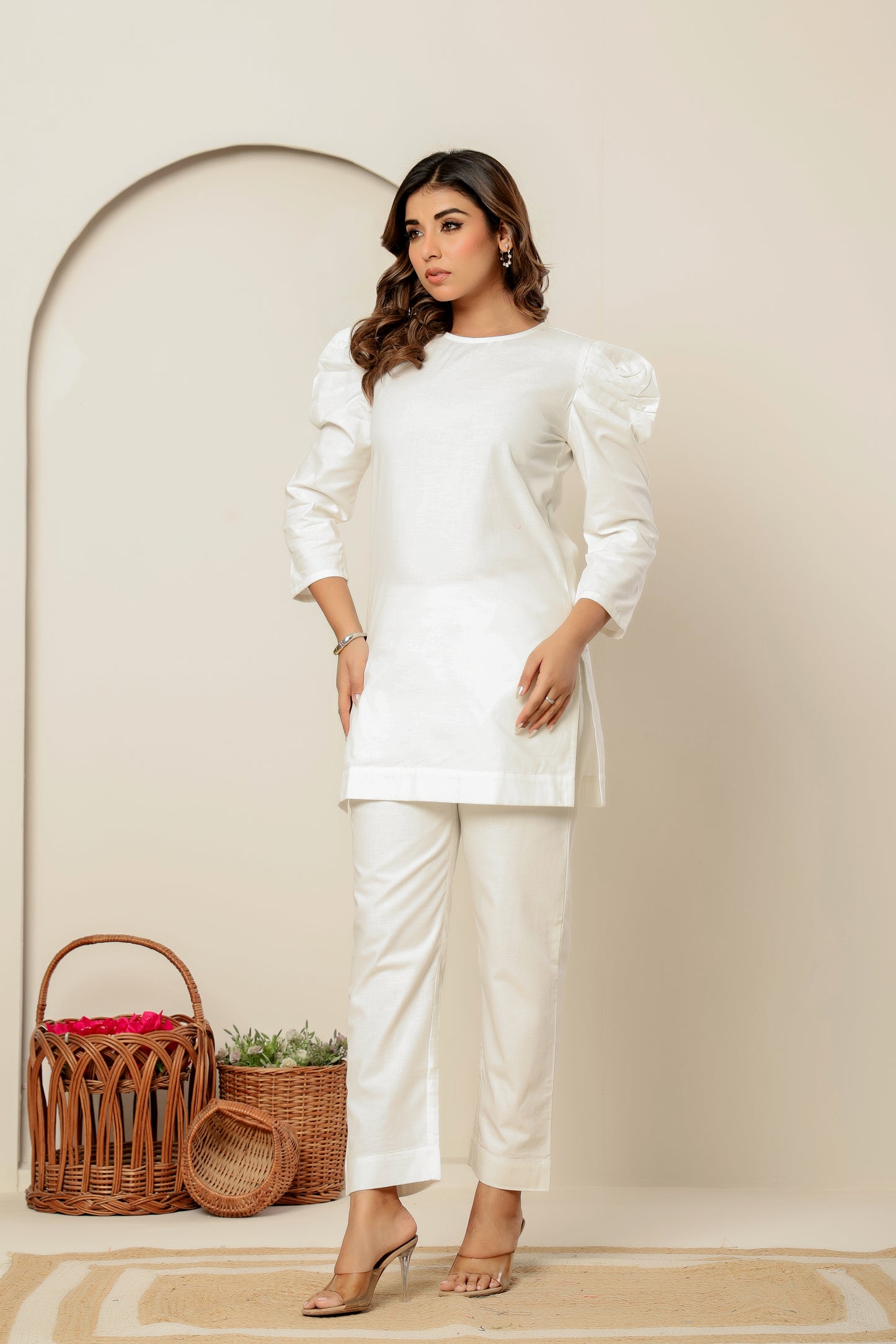 Beige Bishop Sleeve Co-Ord Set – Statement Style in Sustainable Linen