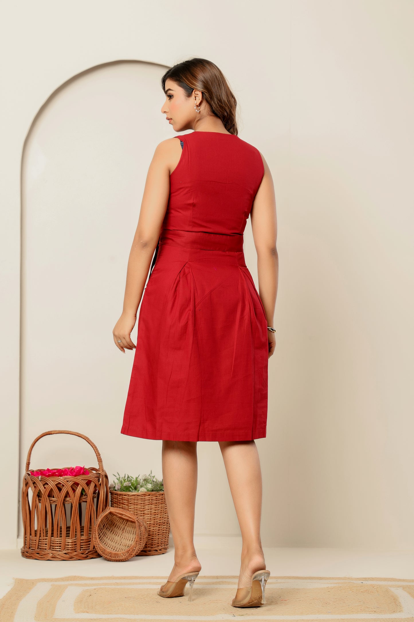 Women’s Burgundy Linen-Cotton Midi Dress with Belt – Sleeveless A-Line Sustainable Summer Outfit