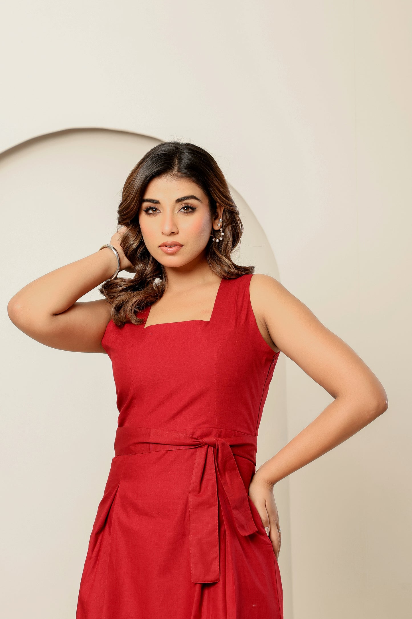 Women’s Burgundy Linen-Cotton Midi Dress with Belt – Sleeveless A-Line Sustainable Summer Outfit