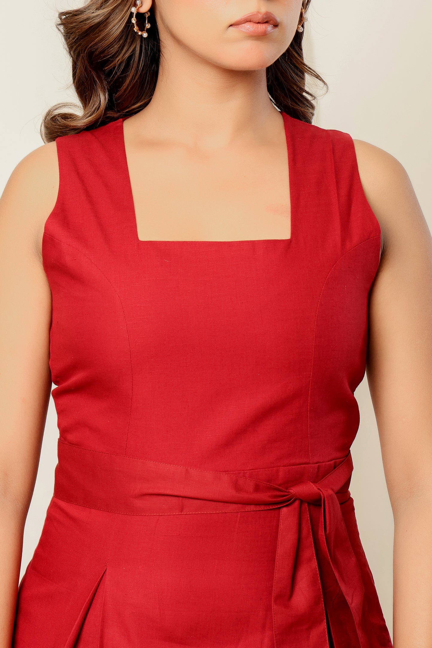 Women’s Burgundy Linen-Cotton Midi Dress with Belt – Sleeveless A-Line Sustainable Summer Outfit