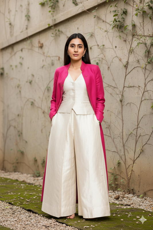 Celebrity Inspired Pure Raw Silk Ivory Waistcoat Pant Set with Fuchsia Jacket – Luxe Raw Silk Ensemble