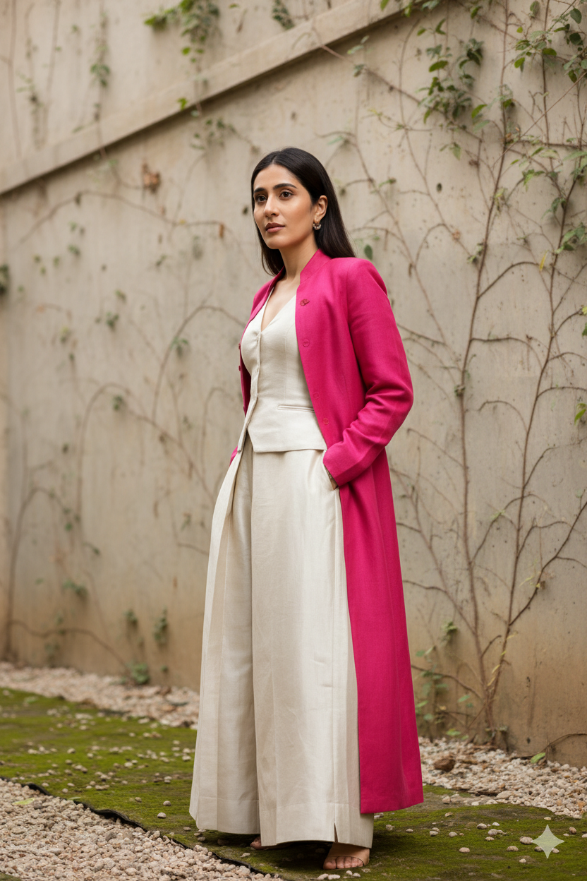 Celebrity Inspired Pure Raw Silk Ivory Waistcoat Pant Set with Fuchsia Jacket – Luxe Raw Silk Ensemble