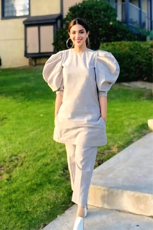 Beige Bishop Sleeve Co-Ord Set – Statement Style in Sustainable Linen