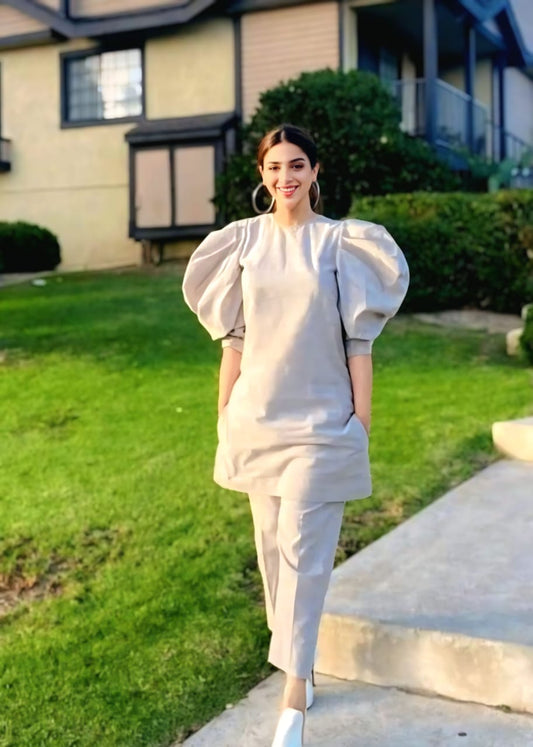 Beige Bishop Sleeve Co-Ord Set – Statement Style in Sustainable Linen