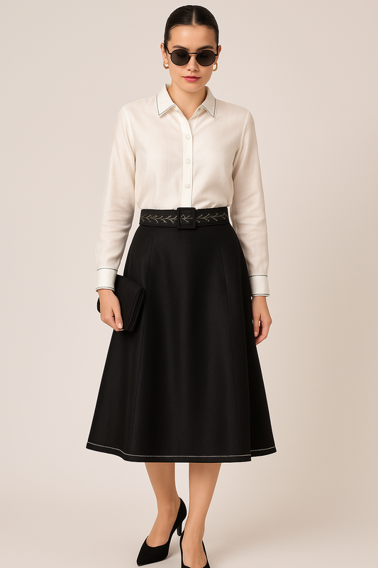 Sustainable Bemberg Silk Shirt with Giza Cotton Skirt – Black & White Set with Belt and Silver Detail