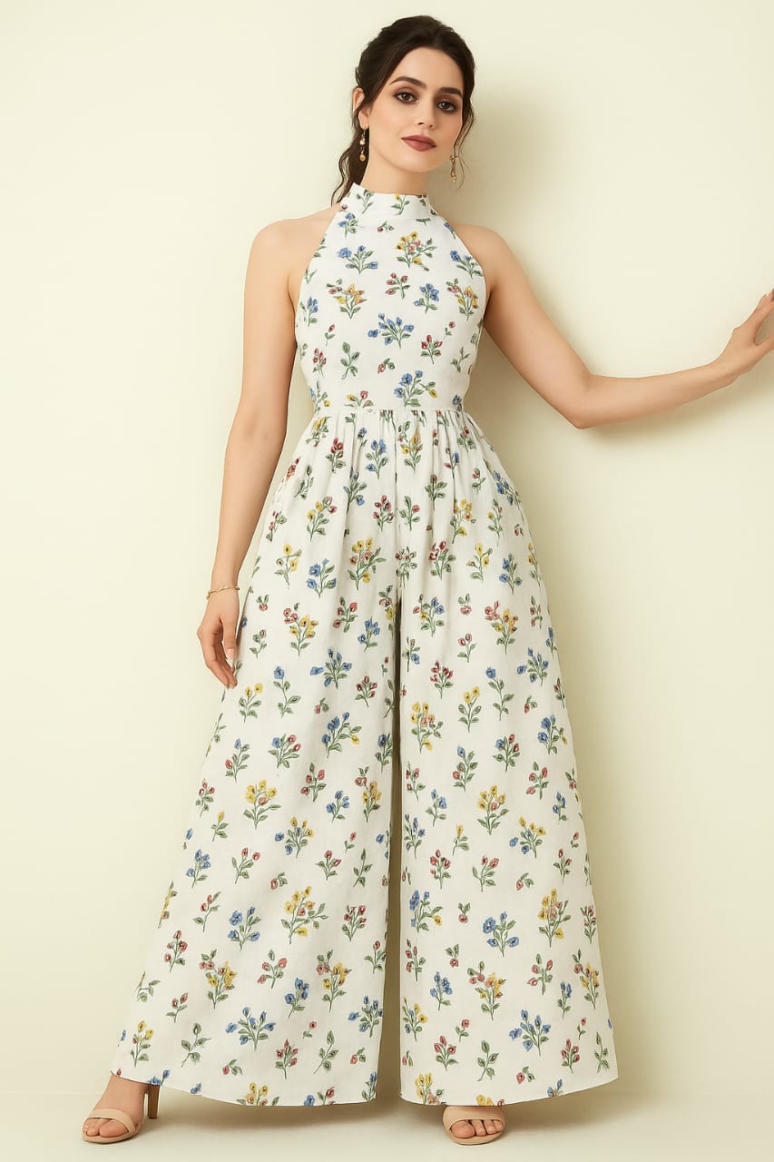 Floral Print Halter Neck Wide-Leg Jumpsuit for Women – Soft Cotton Summer Outfit