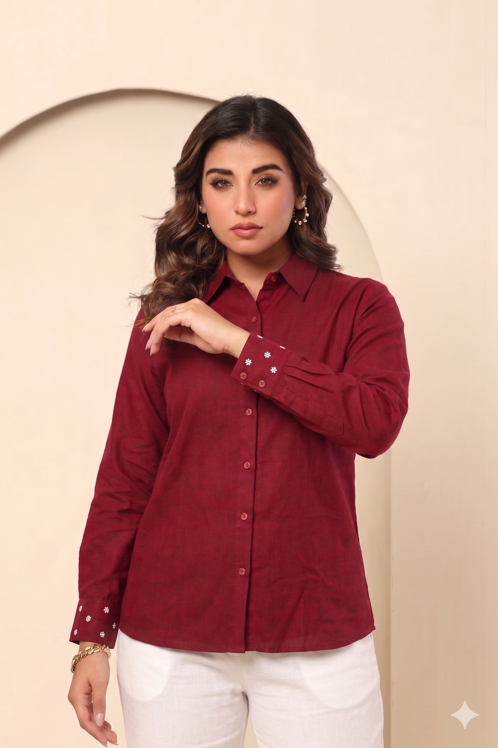 Crimson Linen Cotton Shirt  | Daisy Embroidered Cuffs |