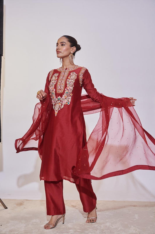 Crimson Silk Kurta Set with Zari, Sequins & Cut Dana Hand Embroidery | Satvik Style