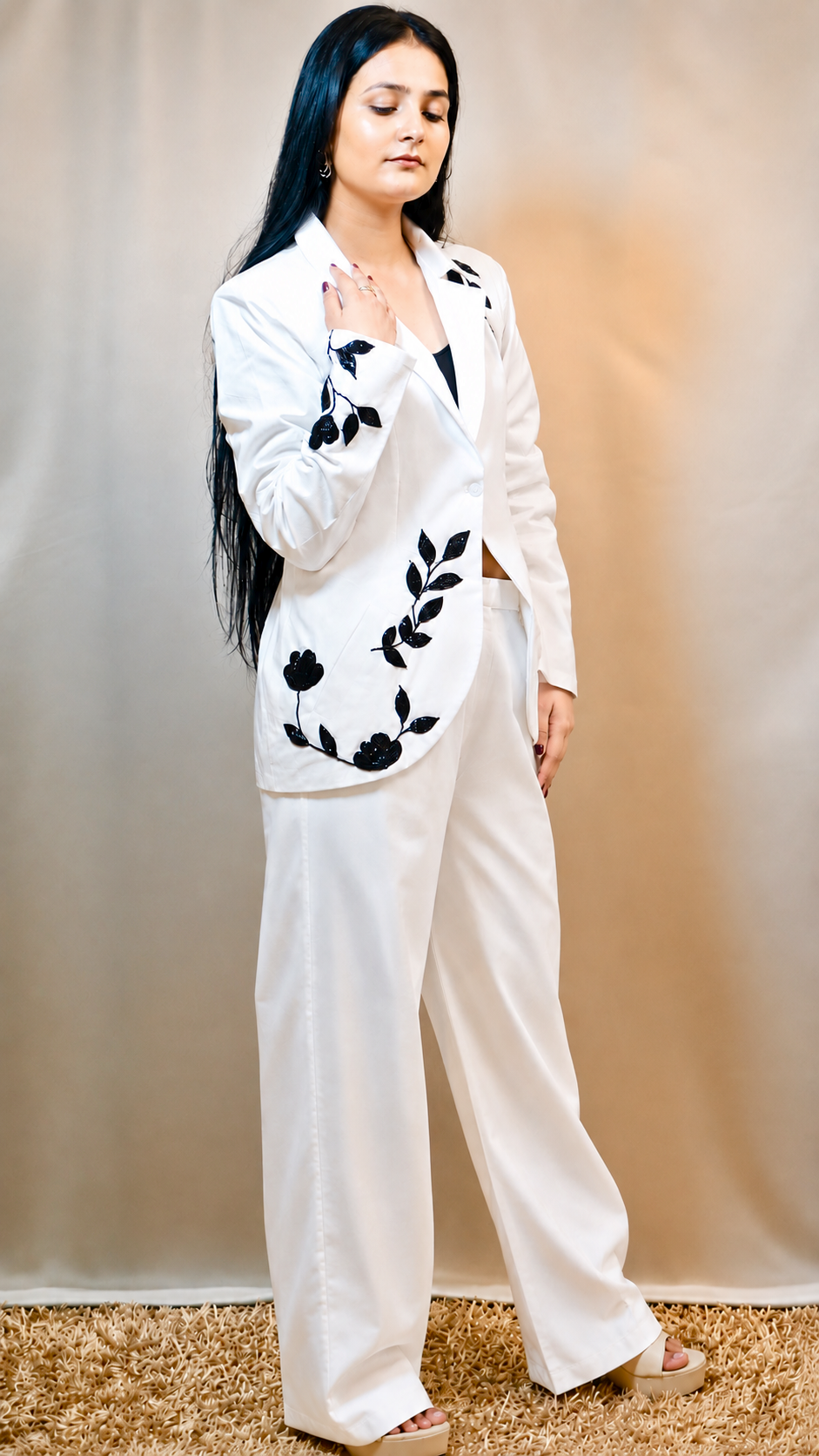Embellished White Linen Cotton Blazer & Pant Set