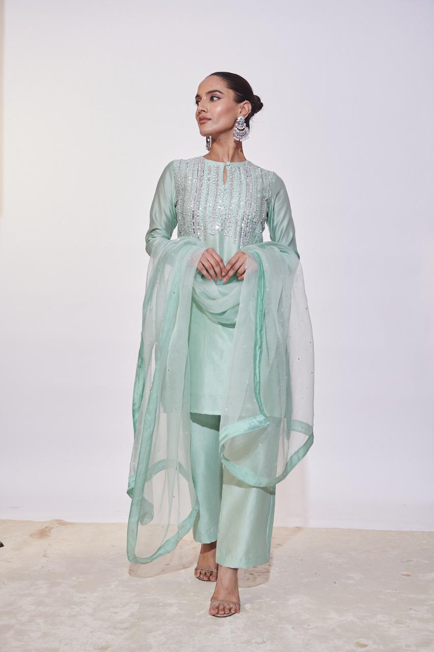 Mint Green Silk Kurta Set with Zari, Sequins & Cut Dana Hand Embroidery | Satvik Style