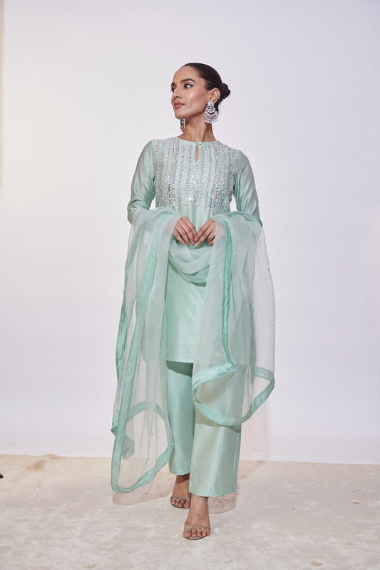 Mint Green Silk Kurta Set with Zari, Sequins & Cut Dana Hand Embroidery | Satvik Style