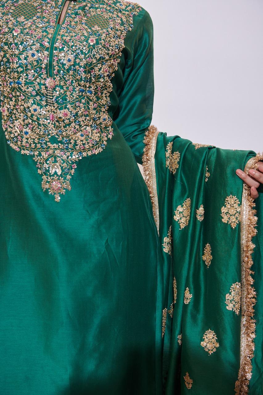 Emerald Green Silk Kurta Set with Zari, Sequins & Cut Dana Hand Embroidery and Heavy Dupatta | Satvik Style