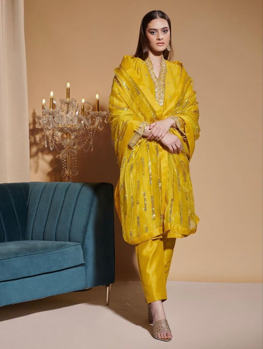 Sunlit Mustard Chanderi Silk Kurta Set with Gold Zari & Sequin Embroidery | Satvik Style