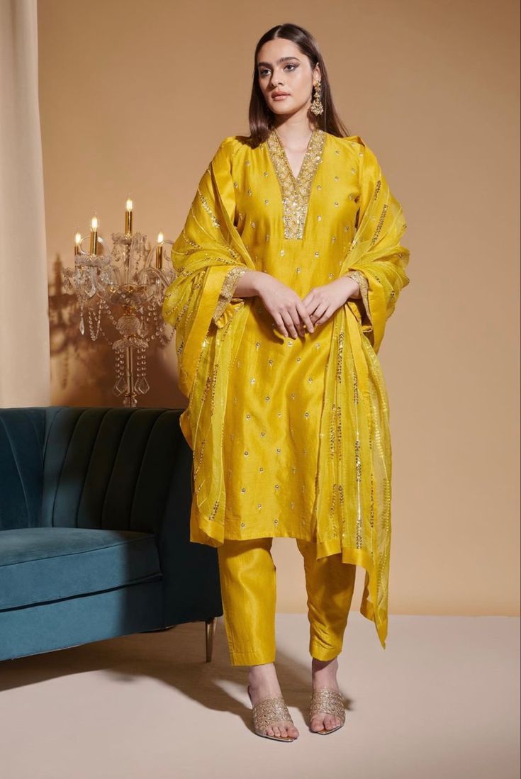 Sunlit Mustard Chanderi Silk Kurta Set with Gold Zari & Sequin Embroidery | Satvik Style
