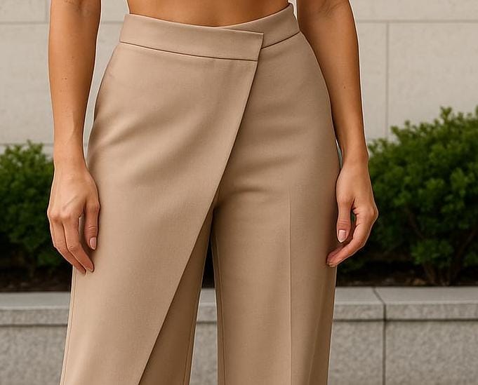 High-Waist Flap Front Trousers in Beige with Ivory Linen Top – Satvik Style