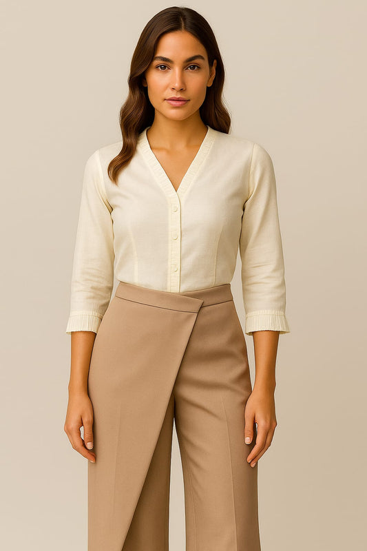 High-Waist Flap Front Trousers in Beige with Ivory Linen Top – Satvik Style