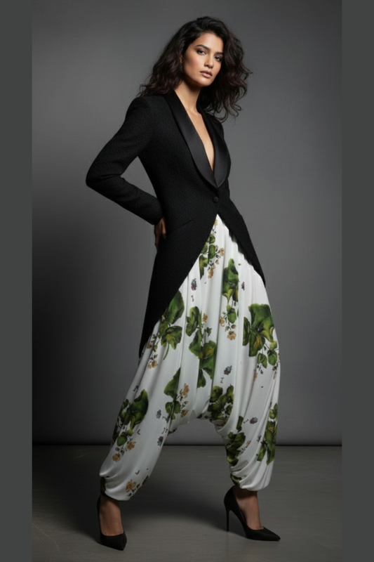 Lo-eh-weh-Inspired Black Wool Blazer & Floral Viscose Harem Set | Celebrity Designer Power Look