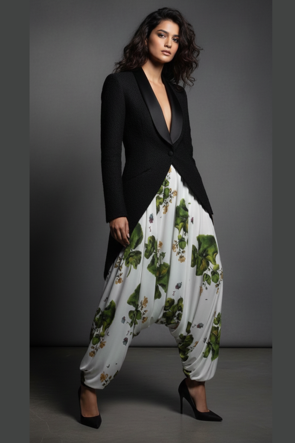 Lo-eh-weh-Inspired Black Wool Blazer & Floral Viscose Harem Set | Celebrity Designer Power Look