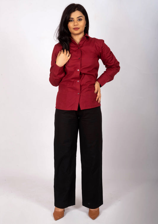 Crimson Red Classy Linen Shirt & Black Linen Office Pants – Women’s Premium Office Wear