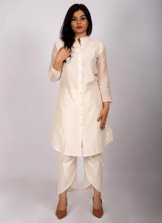 Ivory Chanderi Silk Apple cut Kurta Set for Women with Embroidered Buttons & Tulip Pants – Festive Ethnic Wear
