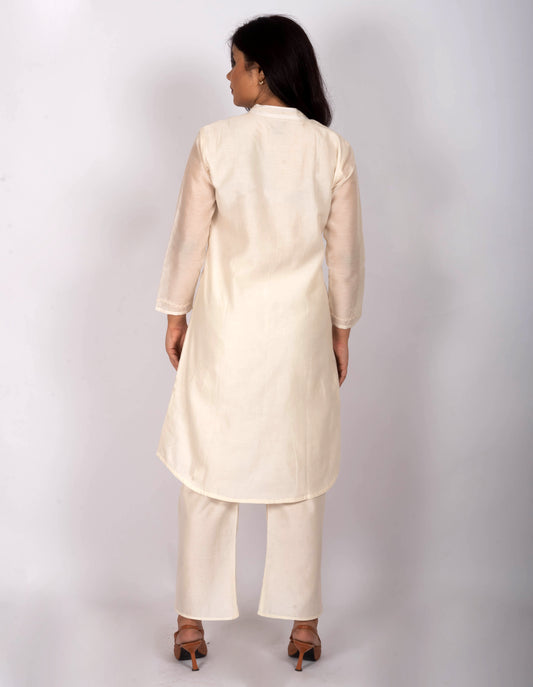 Ivory Chanderi Silk Apple cut Kurta Set for Women with Embroidered Buttons & Tulip Pants – Festive Ethnic Wear