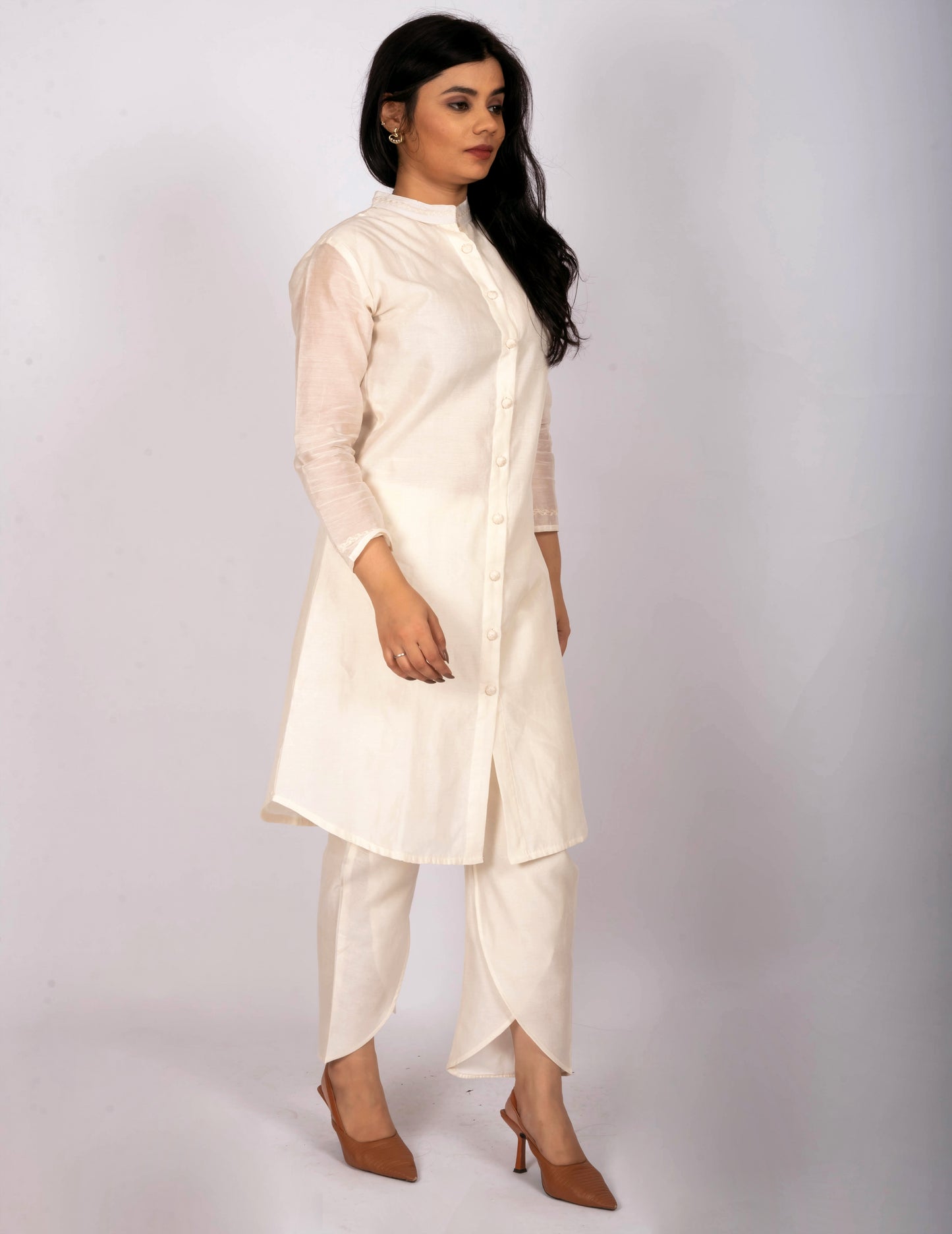 Ivory Chanderi Silk Apple cut Kurta Set for Women with Embroidered Buttons & Tulip Pants – Festive Ethnic Wear