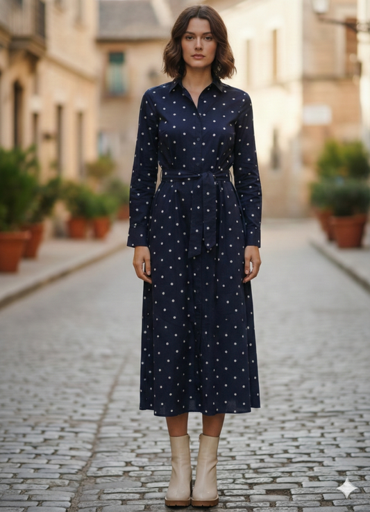 Navy Blue Polka Dot Cotton Shirt Dress | Elegant Long Midi Dress for Women