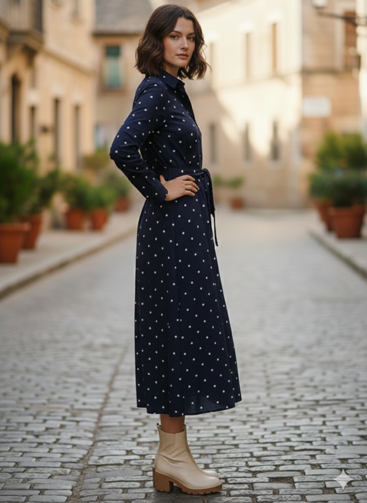 Navy Blue Polka Dot Cotton Shirt Dress | Elegant Long Midi Dress for Women