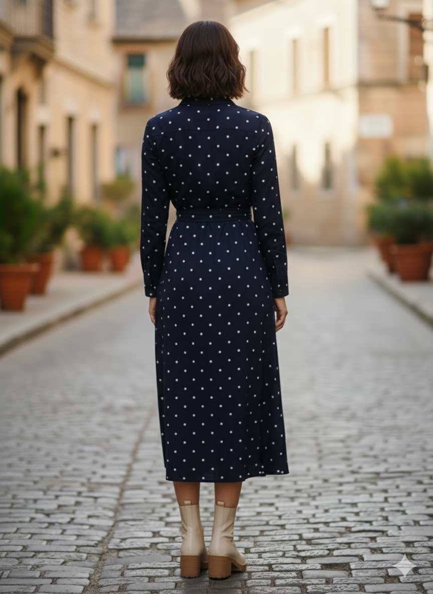 Navy Blue Polka Dot Cotton Shirt Dress | Elegant Long Midi Dress for Women