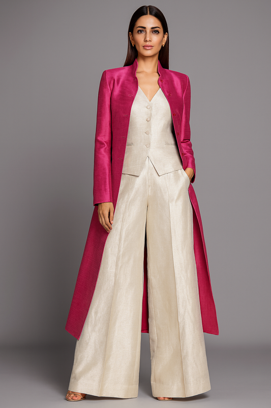 Ivory Silk Power Suit with Fuchsia Jacket – Luxe Raw Silk Ensemble