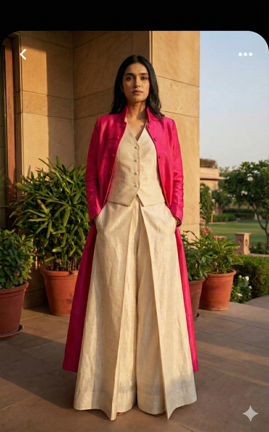 Celebrity Inspired Raw Silk Ivory Waistcoat Pant Set with Fuchsia Jacket – Luxe Raw Silk Ensemble