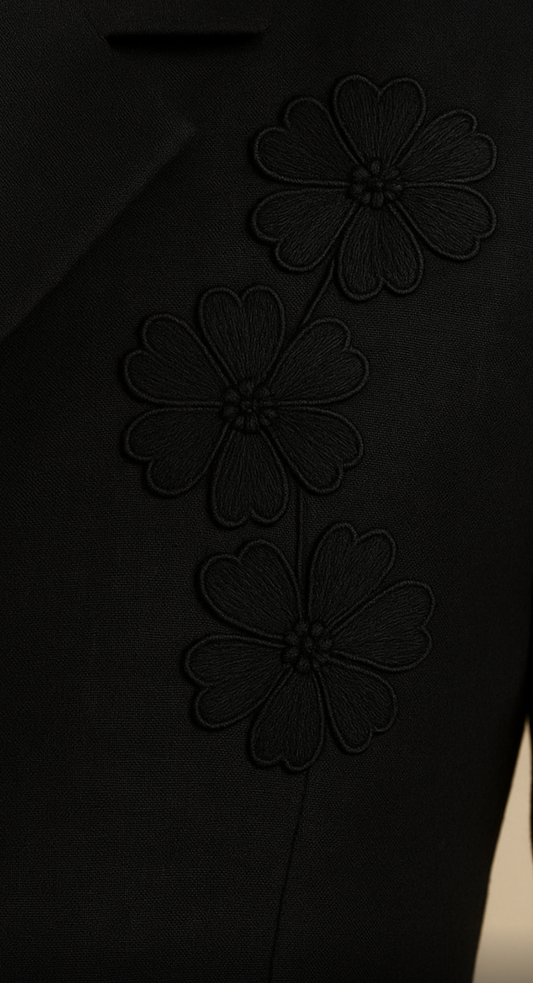Midnight Petal – Black Linen Power Suit with Floral Embroidery