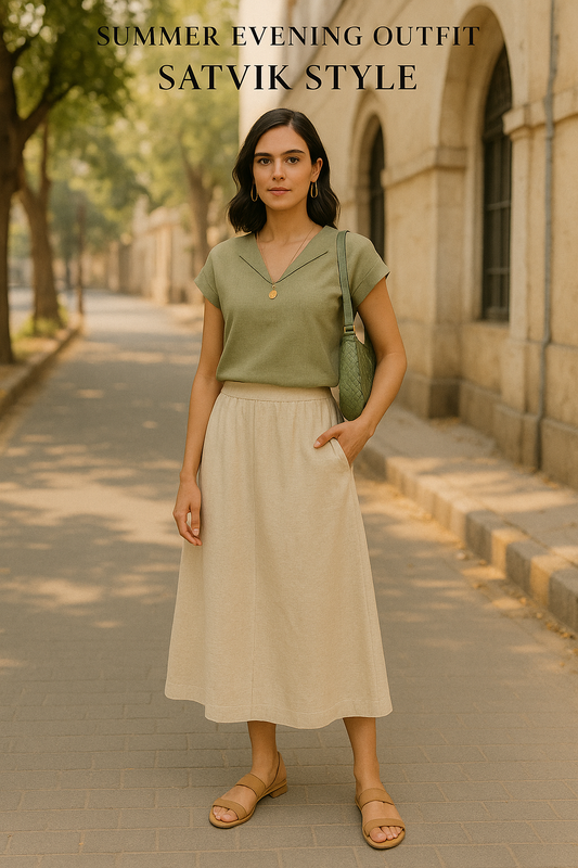 "Chic Linen Summer Set – Eco-Friendly Co-Ord with Skirt & Folded Neck Top"