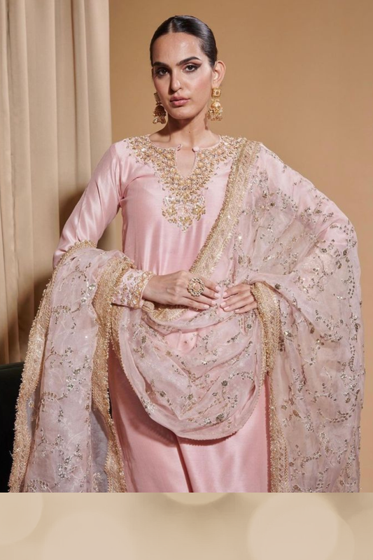 Blush Pink Silk Kurta Set with Zari, Sequins & Cut Dana Hand Embroidery | Satvik Style