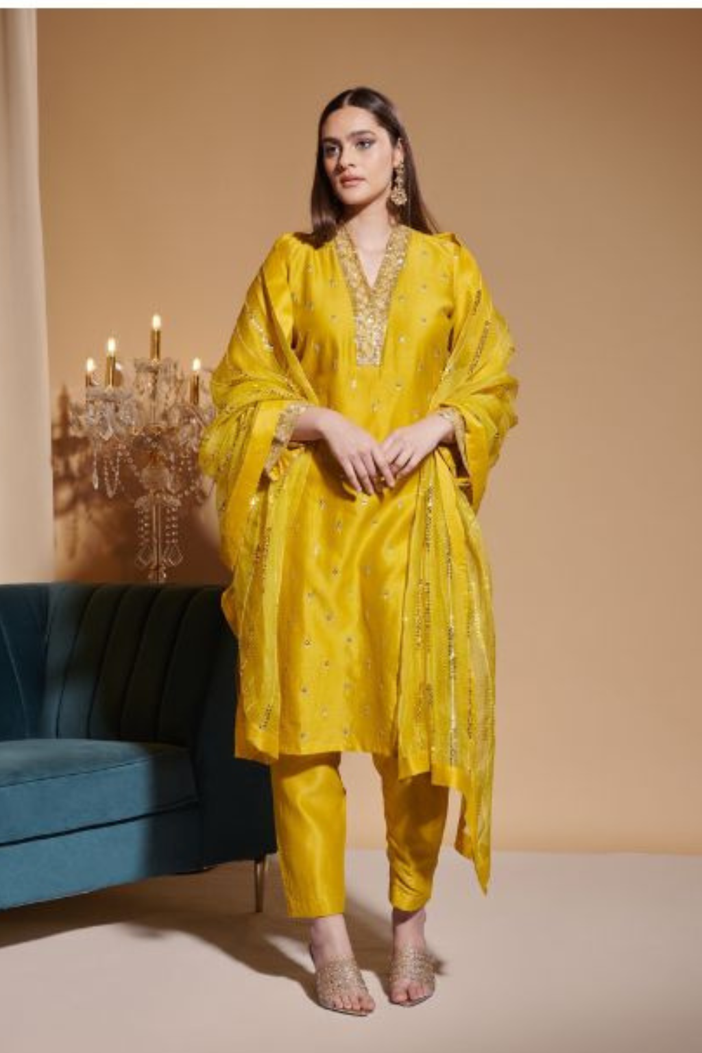 Sunlit Mustard Chanderi Silk Kurta Set with Gold Zari & Sequin Embroidery | Satvik Style