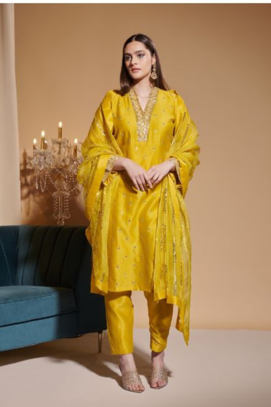 Sunlit Mustard Chanderi Silk Kurta Set with Gold Zari & Sequin Embroidery | Satvik Style