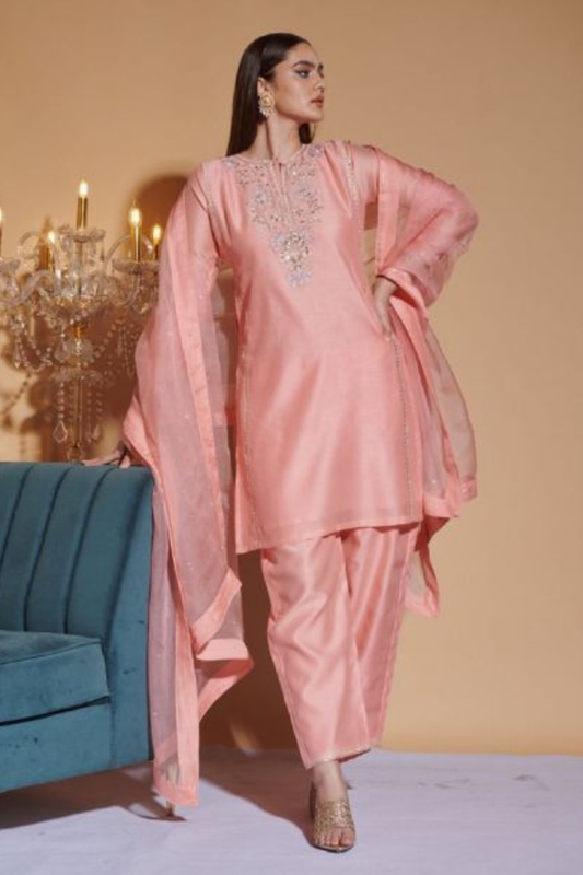 Peach Glow Chanderi Silk Kurta Set with Hand Embroidery & Organza Dupatta | Satvik Style