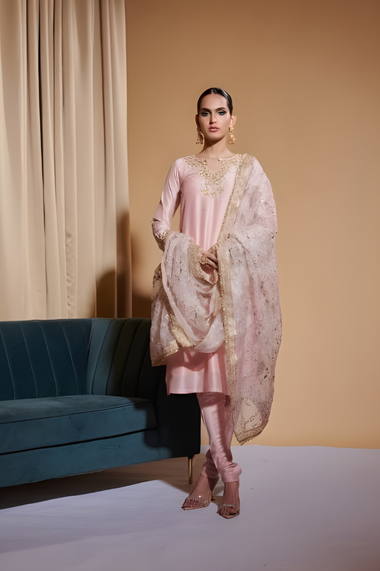Blush Pink Silk Kurta Set with Zari, Sequins & Cut Dana Hand Embroidery | Satvik Style