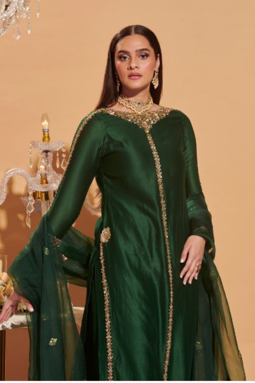 Bottle Green Silk Kurta Set with Zari Detailing and Heavy Dupatta | Satvik Style