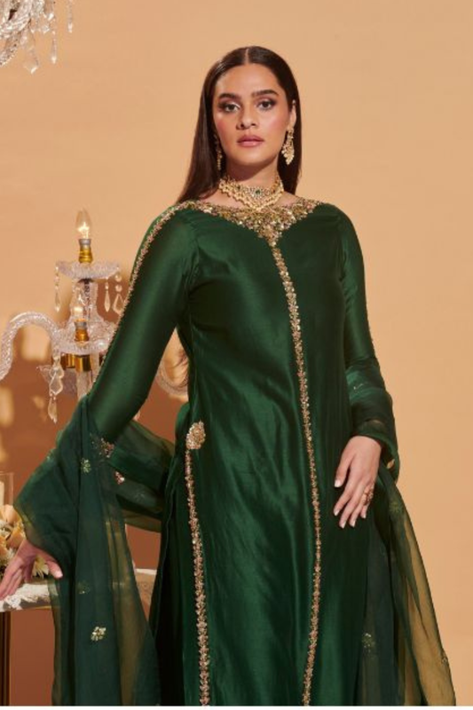Bottle Green Silk Kurta Set with Zari Detailing and Heavy Dupatta | Satvik Style