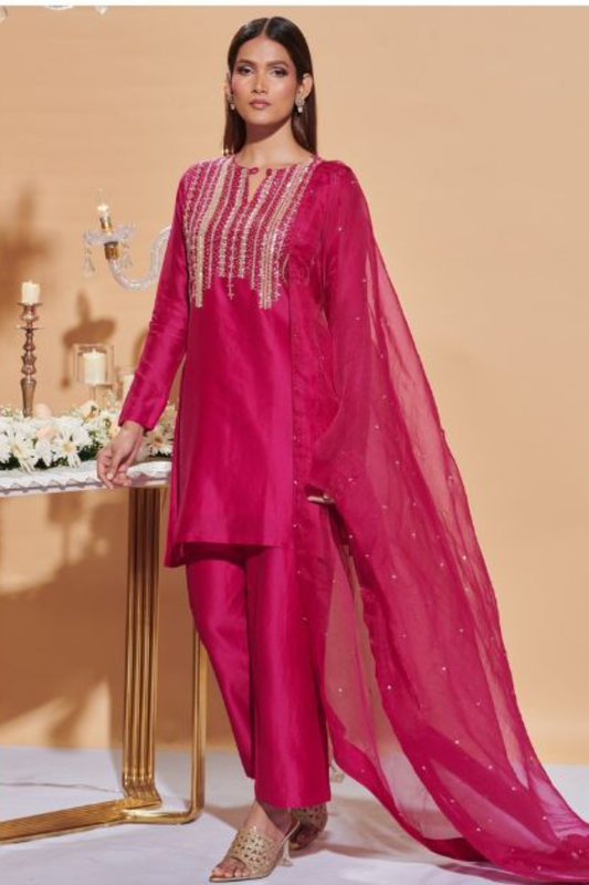 Rani Pink Silk Kurta Set with Zari, Sequins & Cut Dana Hand Embroidery and Organza Dupatta | Satvik Style