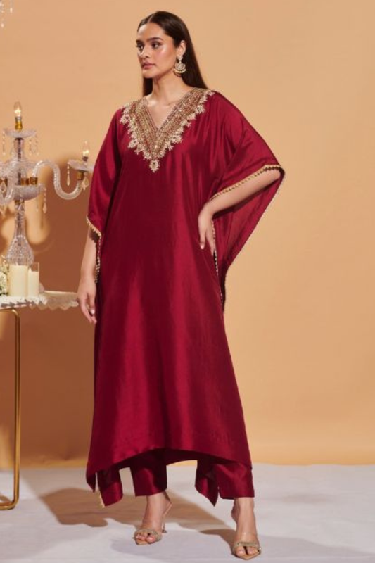 Maroon Luxe Silk Kaftan Set with Hand Embroidered Zari Detailing | Satvik Style