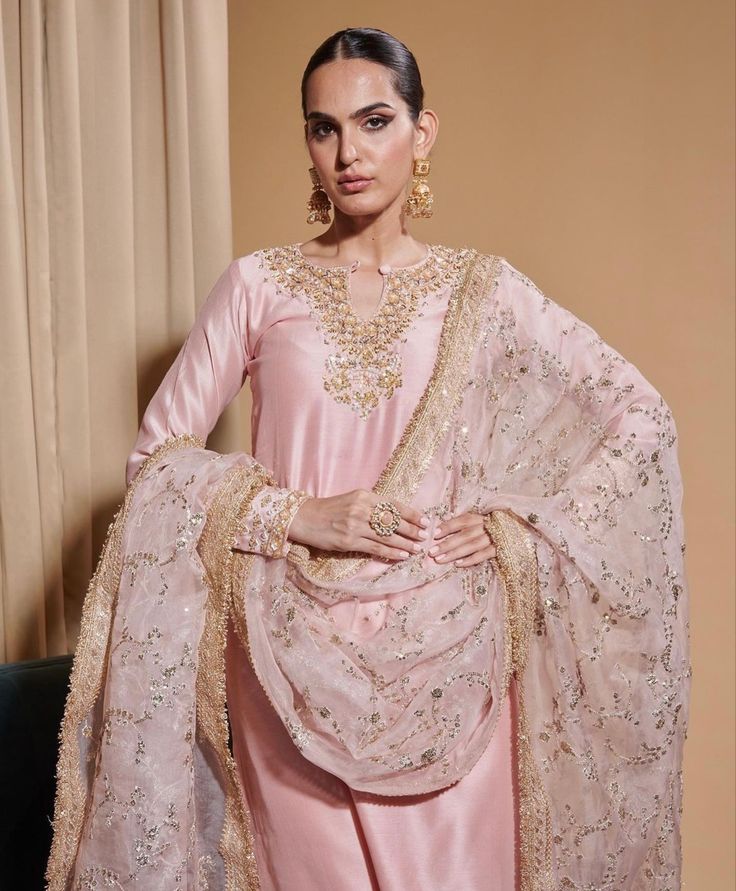 Blush Pink Silk Kurta Set with Zari, Sequins & Cut Dana Hand Embroidery | Satvik Style