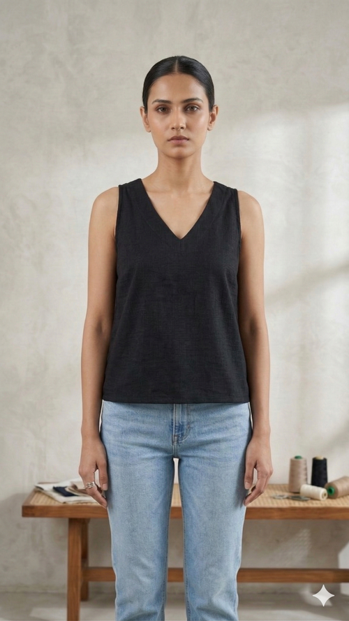Women’s V-Neck black Pure Cotton Top- Soft & Breathable Summer Top