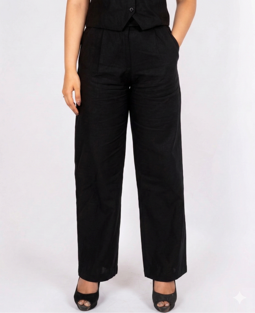 Black Linen Cotton- Straight-Leg Pants