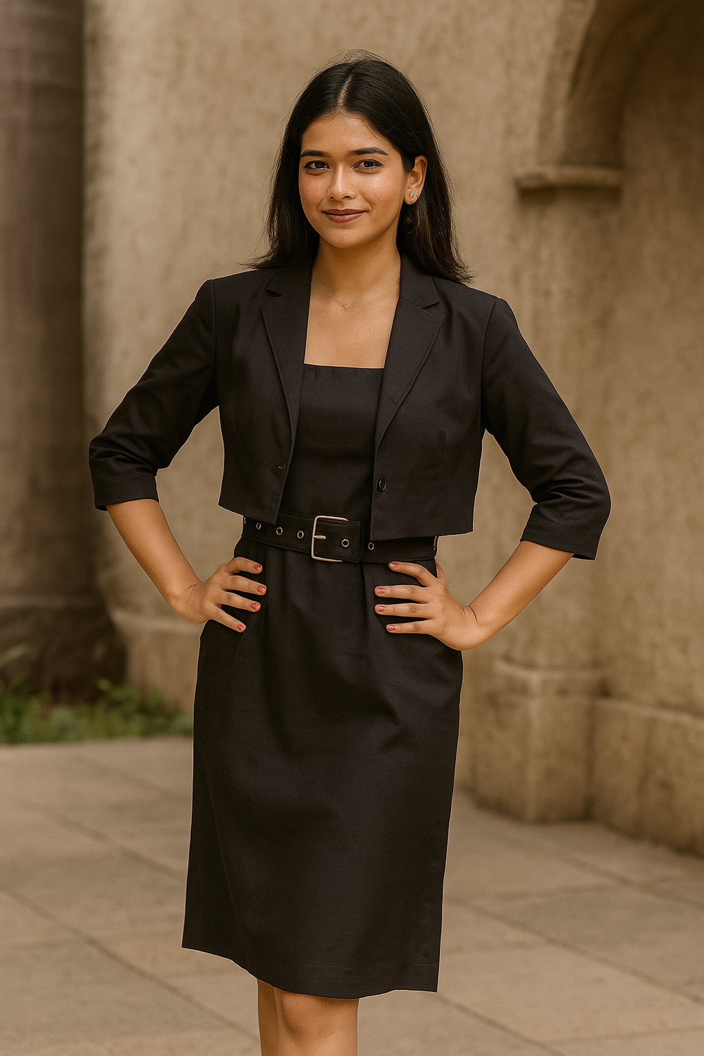 “Elegant Black Linen Power Dress with Belt – Women’s Office to Evening Look