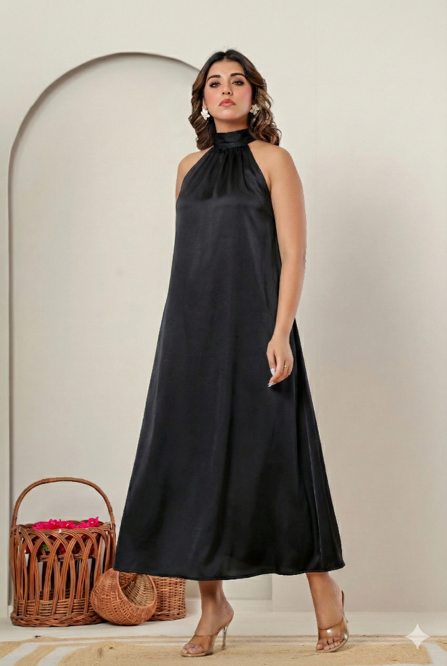 Premium Black Satin High-Neck Maxi Dress | Women’s Formal & Cocktail Outfit